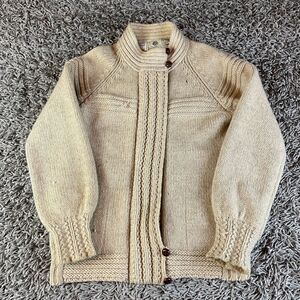 Vintage Cable Knit Cardigan Sweater Mens Womens Medium M Beige Pure Wool 70s 80s